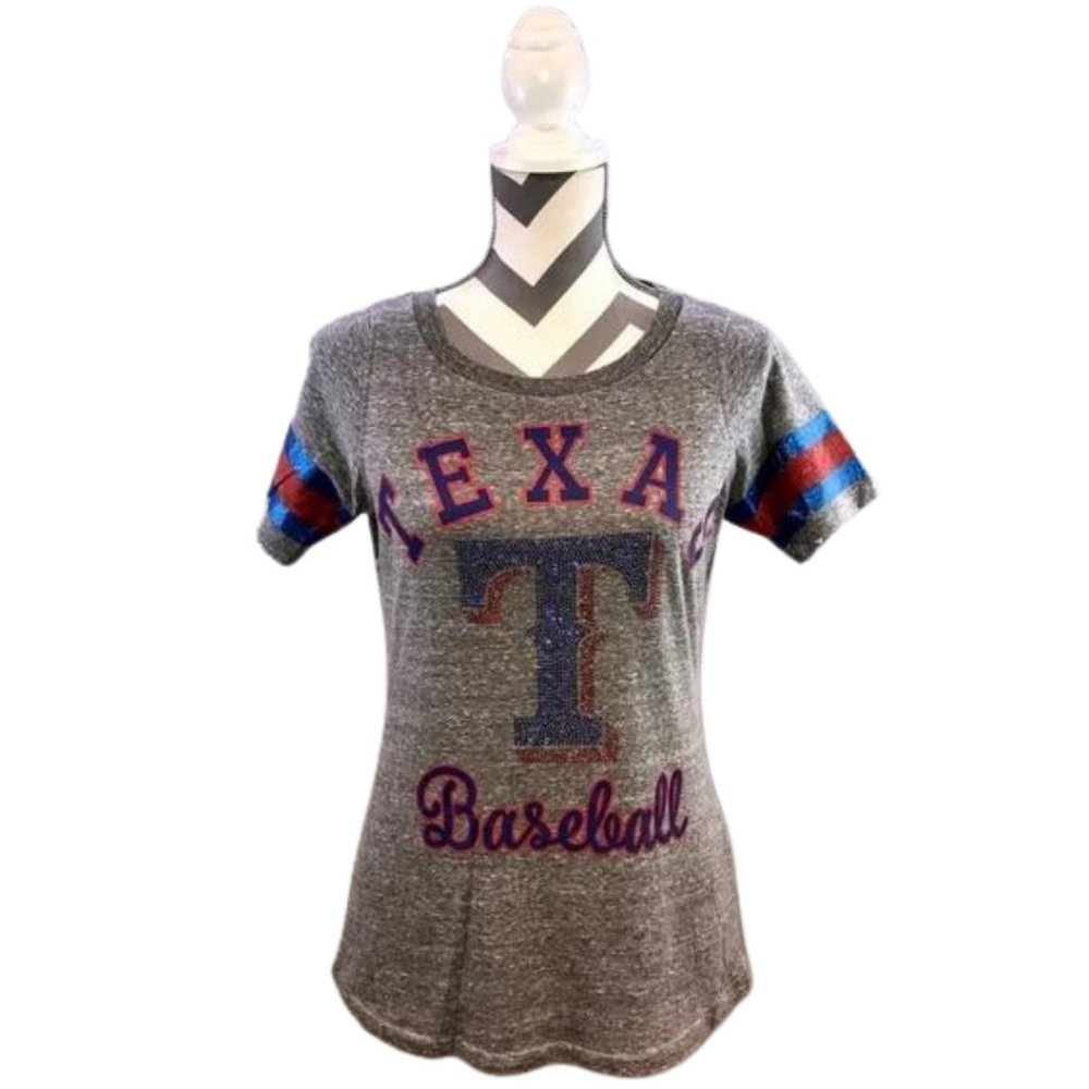 G-III 4Her by Carl Banks Texas Rangers Heather Dark Gray, Blue & Red Graphic Tee